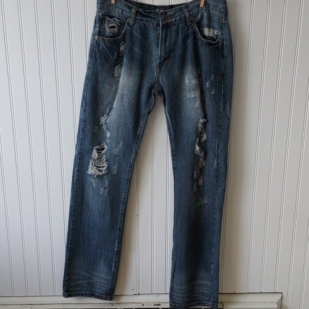 Denim Mens 32x34 Low Rise Slim Straight Distressed Ripped Jeans Dark Wash